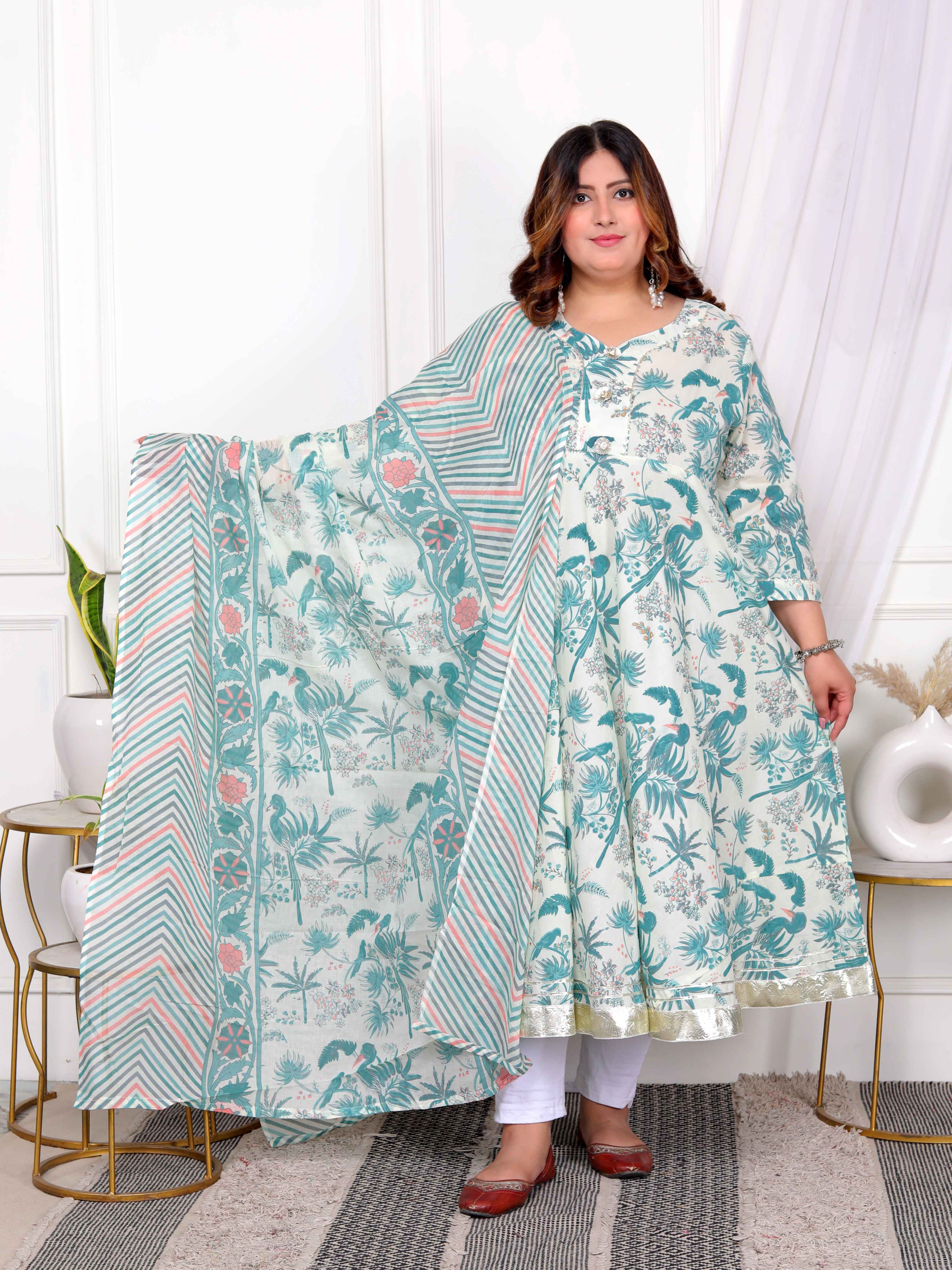 Light Green Floral Gota Lace Cotton Anarkali Kurta with Dupatta Set